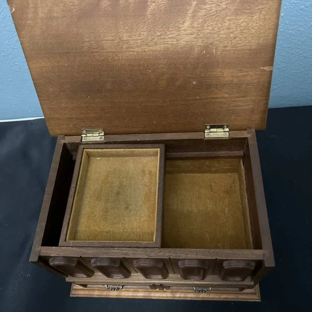 Vintage 60's Mele Wood Jewelry Chest Box Flip Up Lid / 2 Drawers Made In Taiwan‎